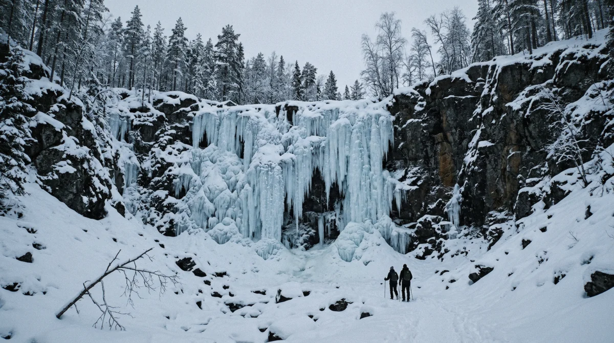 Blue spring-fed ice on the canyon wall, one of the icefalls plotted on this Korouoma frozen waterfalls map