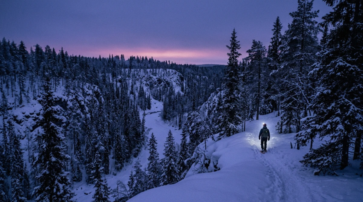 Blue polar-night twilight over the snow-covered canyon, the darkest time to visit Korouoma in Lapland