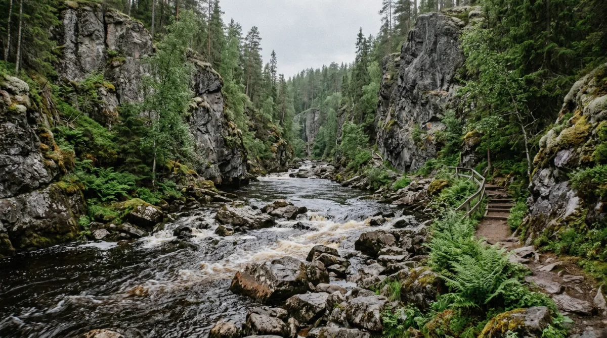 The Korojoki river running through the green canyon floor, Korouoma in summer without ice