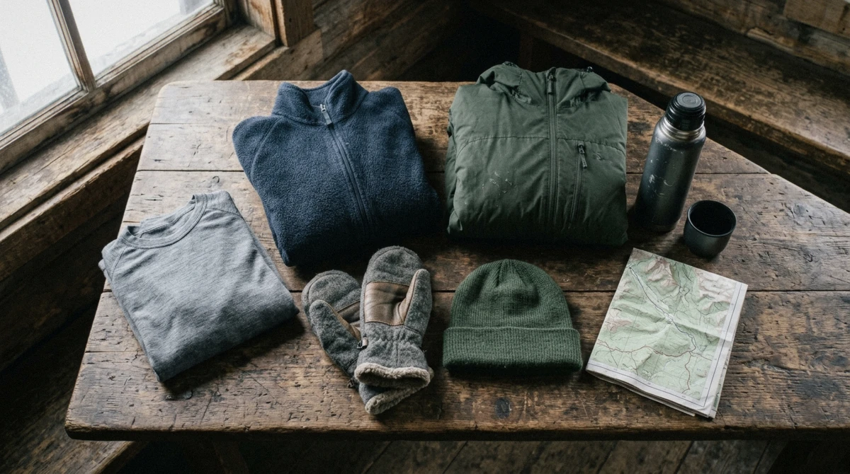 Winter hiking layers, mittens and a flask laid out, what to wear at Korouoma Canyon in Lapland