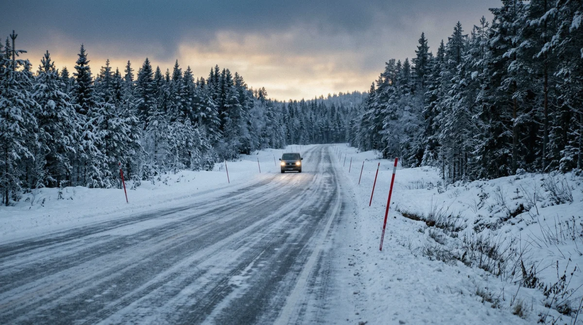 Snow-covered highway through spruce forest on the drive to Korouoma Canyon from Rovaniemi in winter